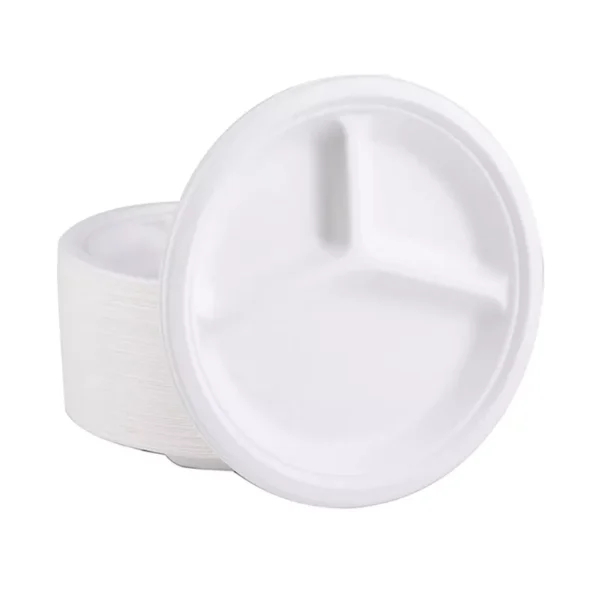 9" 10" 3 Compartment Round Sugarcane Pulp Disposable Plates